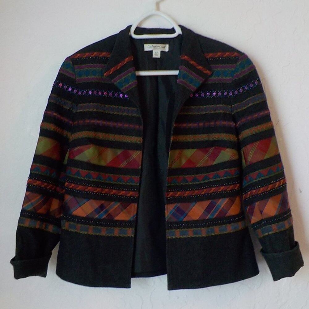 Coldwater Creek Black Denim Open Blazer Women 4P Multicolor Patch Stripe Sequin